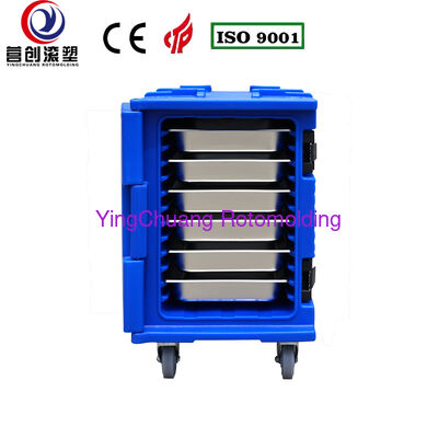 comprar YINGCHUANG ROTOMOLDING OEM 90L tipo alça azul caixa isolada rotomoldada com rodízios, espuma espessa de PU quente e fria segurando armário de transporte de alimentos GN Pan para cantina de catering de cozinha central Fabricação em linha